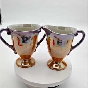 VTG Lusterware Creamer And Sugar Made In Hapan Peach And Blue Color Iridescent